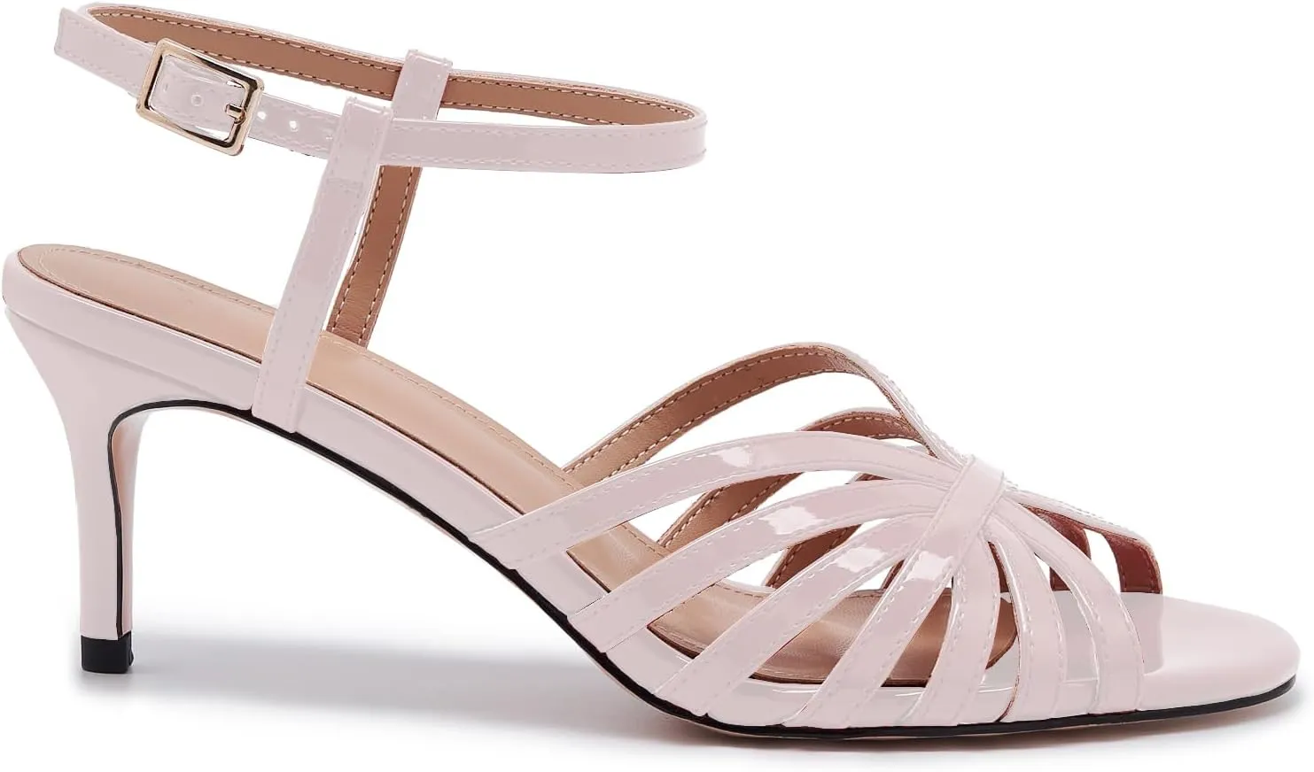 Women's Black and Gold Heels – Strappy Patent Leather Open Toe Sandals with Ankle Strap – Elegant High Heels for Party, Wedding, or Evening