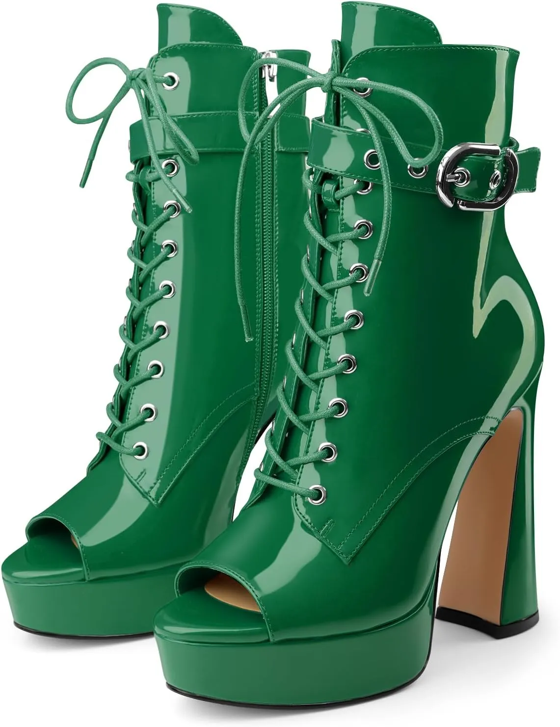Women's Black Ankle Boots Platform Lace-Up Short Boot Chunky High Heel Open Peep Toe Booties Shoes with Side Zipper and Strap Buckle for Ladies Sexy Cute