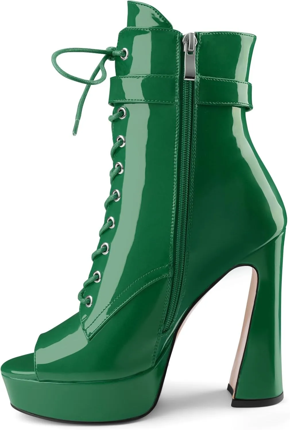 Women's Black Ankle Boots Platform Lace-Up Short Boot Chunky High Heel Open Peep Toe Booties Shoes with Side Zipper and Strap Buckle for Ladies Sexy Cute