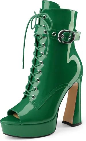 Women's Black Ankle Boots Platform Lace-Up Short Boot Chunky High Heel Open Peep Toe Booties Shoes with Side Zipper and Strap Buckle for Ladies Sexy Cute