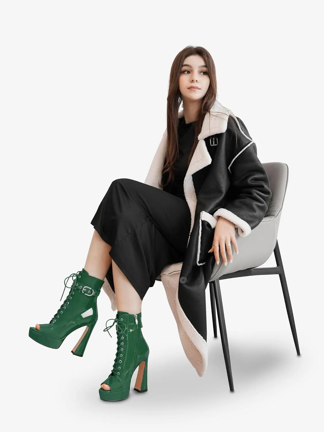 Women's Black Ankle Boots Platform Lace-Up Short Boot Chunky High Heel Open Peep Toe Booties Shoes with Side Zipper and Strap Buckle for Ladies Sexy Cute