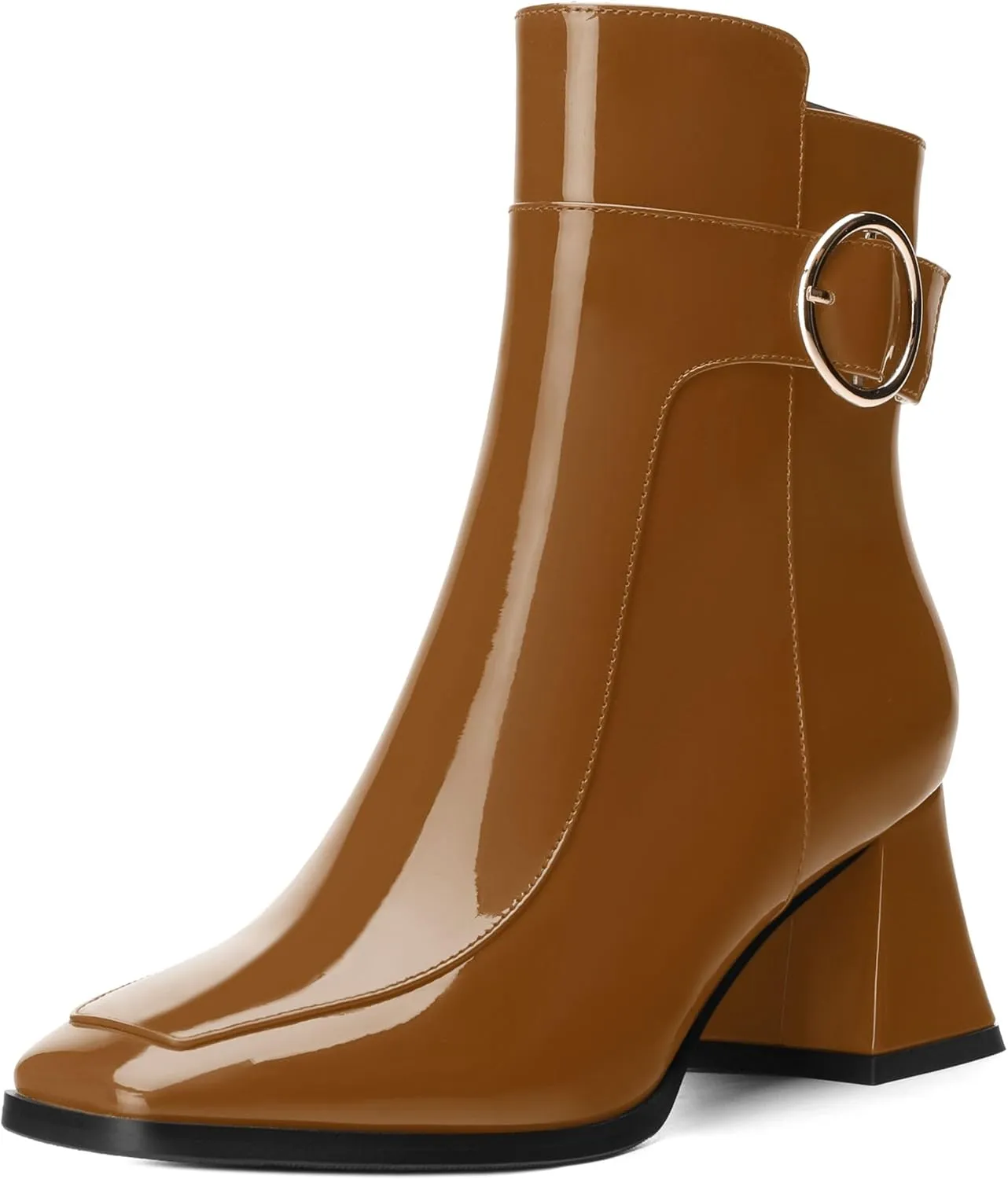 Women's Black Square Toe Mid Heel Ankle Booties with Side Zipper, Fashion Buckle Strap Ankle Boots for Women