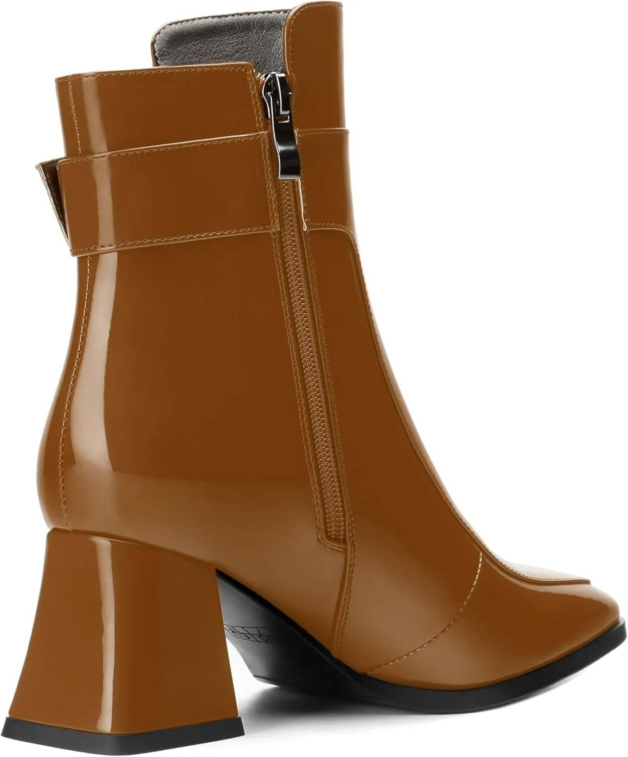 Women's Black Square Toe Mid Heel Ankle Booties with Side Zipper, Fashion Buckle Strap Ankle Boots for Women