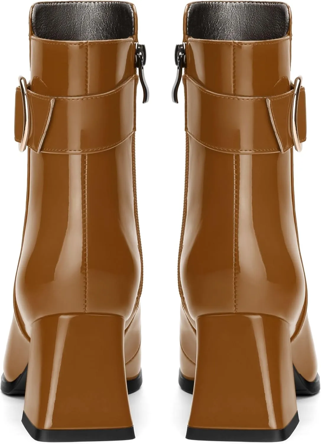 Women's Black Square Toe Mid Heel Ankle Booties with Side Zipper, Fashion Buckle Strap Ankle Boots for Women