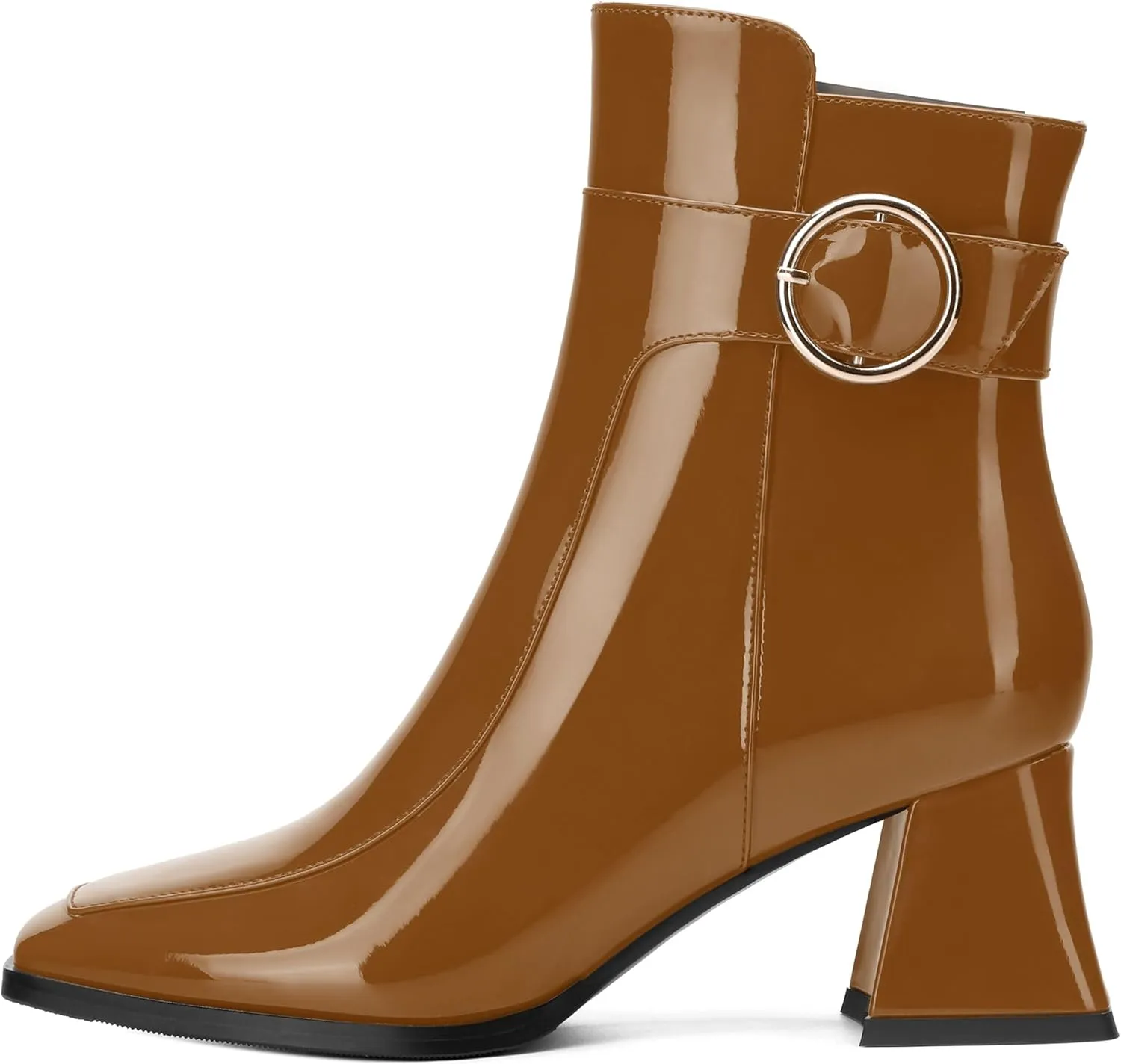 Women's Black Square Toe Mid Heel Ankle Booties with Side Zipper, Fashion Buckle Strap Ankle Boots for Women