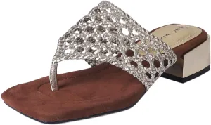 Women's Braided Square Toe Thong Low Heel Chunky Sandals Summer Woven Flip Flop Shoes Comfort Dress Casual Slides