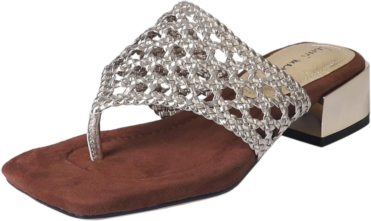 Women's Braided Square Toe Thong Low Heel Chunky Sandals Summer Woven Flip Flop Shoes Comfort Dress Casual Slides