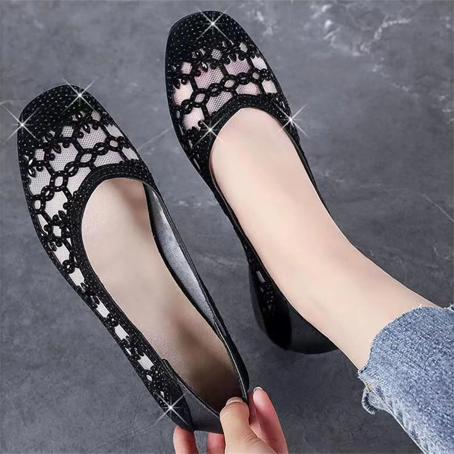 Women‘s Breathable Hollow Rhinestone Low Chunky Heel Pumps,Summer Closed Square Toe Backless for Wedding Work Evening Dress Shoes Soft Non-Slip Slip-On Classic Party Shoes with Glitter