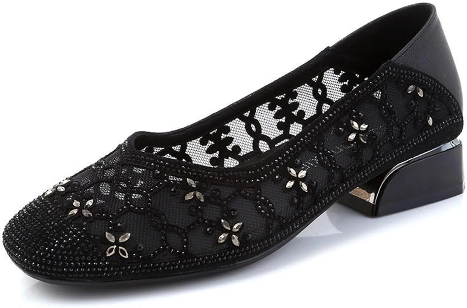 Women‘s Breathable Hollow Rhinestone Low Chunky Heel Pumps,Summer Closed Square Toe Backless for Wedding Work Evening Dress Shoes Soft Non-Slip Slip-On Classic Party Shoes with Glitter