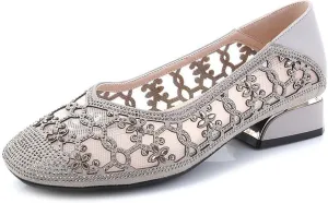 Women‘s Breathable Hollow Rhinestone Low Chunky Heel Pumps,Summer Closed Square Toe Backless for Wedding Work Evening Dress Shoes Soft Non-Slip Slip-On Classic Party Shoes with Glitter