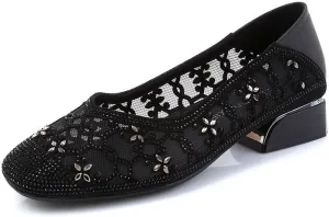 Women‘s Breathable Hollow Rhinestone Low Chunky Heel Pumps,Summer Closed Square Toe Backless for Wedding Work Evening Dress Shoes Soft Non-Slip Slip-On Classic Party Shoes with Glitter