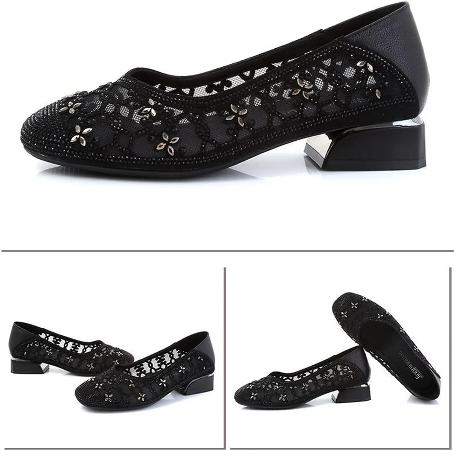 Women‘s Breathable Hollow Rhinestone Low Chunky Heel Pumps,Summer Closed Square Toe Backless for Wedding Work Evening Dress Shoes Soft Non-Slip Slip-On Classic Party Shoes with Glitter