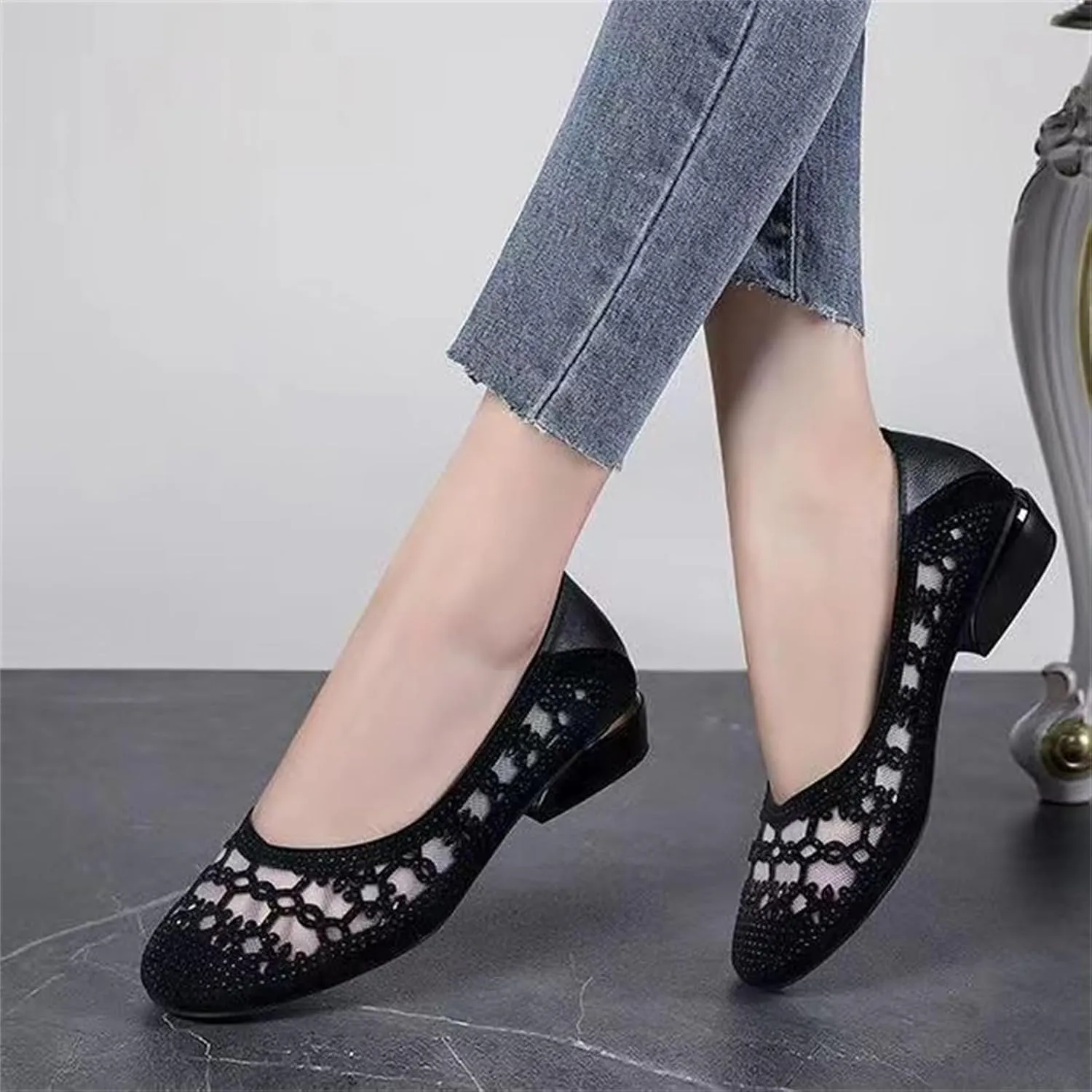 Women‘s Breathable Hollow Rhinestone Low Chunky Heel Pumps,Summer Closed Square Toe Backless for Wedding Work Evening Dress Shoes Soft Non-Slip Slip-On Classic Party Shoes with Glitter