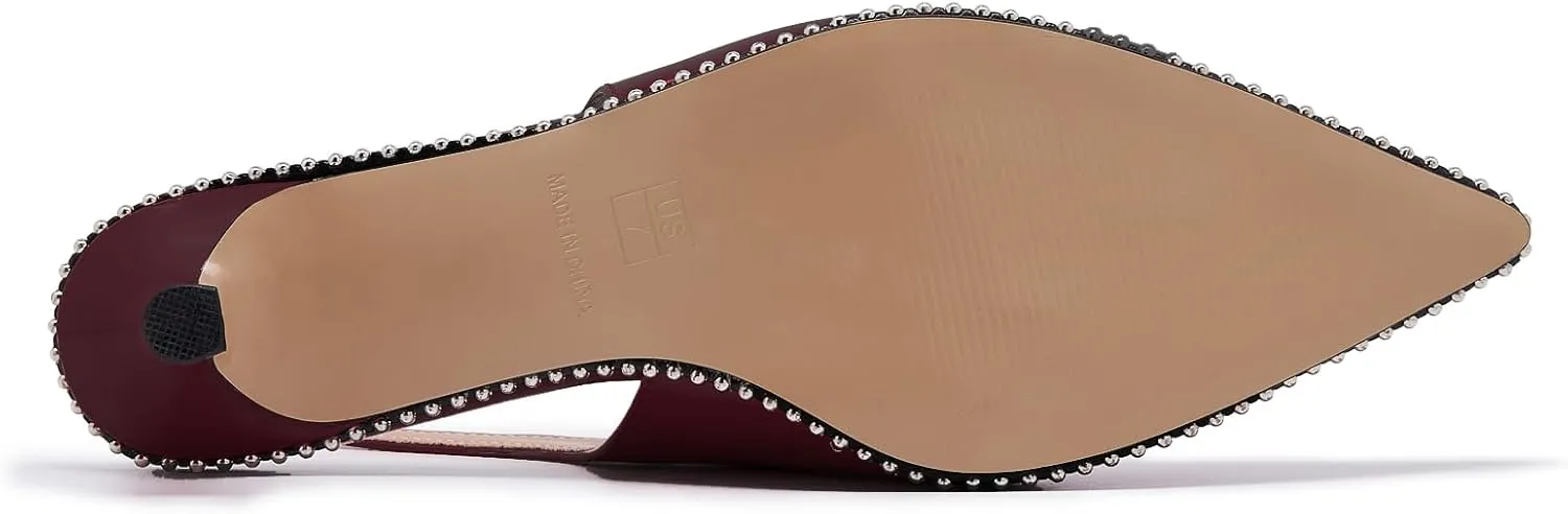 Women's Burgundy Slingback Kitten Heels – Pointed Toe Patent Leather Dress Shoes with Rhinestone Trim – Elegant Low Heel Pumps for Party, Wedding, or Office