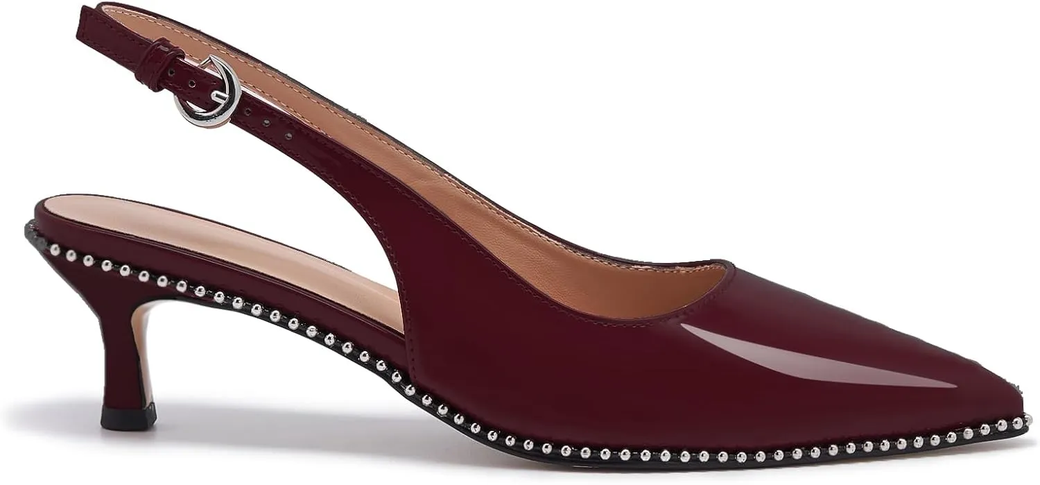 Women's Burgundy Slingback Kitten Heels – Pointed Toe Patent Leather Dress Shoes with Rhinestone Trim – Elegant Low Heel Pumps for Party, Wedding, or Office
