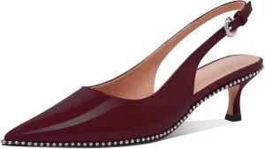 Women's Burgundy Slingback Kitten Heels – Pointed Toe Patent Leather Dress Shoes with Rhinestone Trim – Elegant Low Heel Pumps for Party, Wedding, or Office