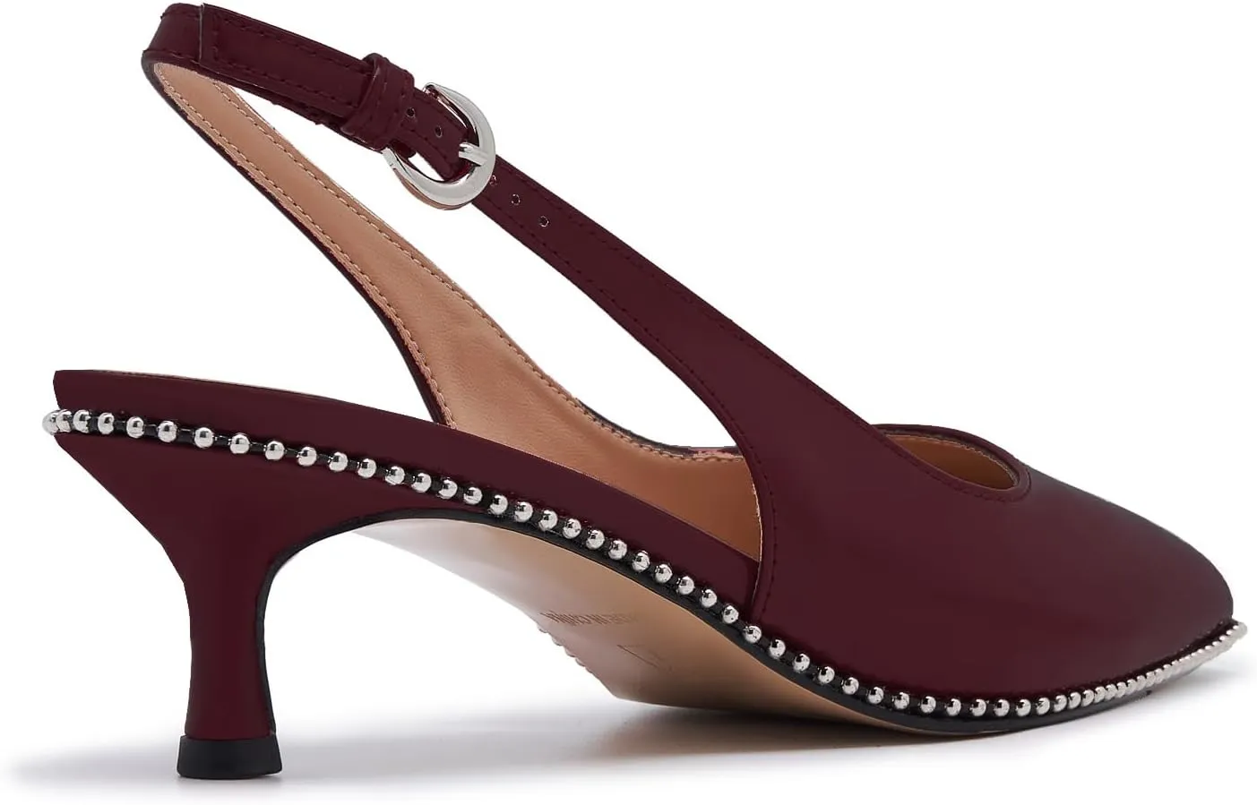 Women's Burgundy Slingback Kitten Heels – Pointed Toe Patent Leather Dress Shoes with Rhinestone Trim – Elegant Low Heel Pumps for Party, Wedding, or Office