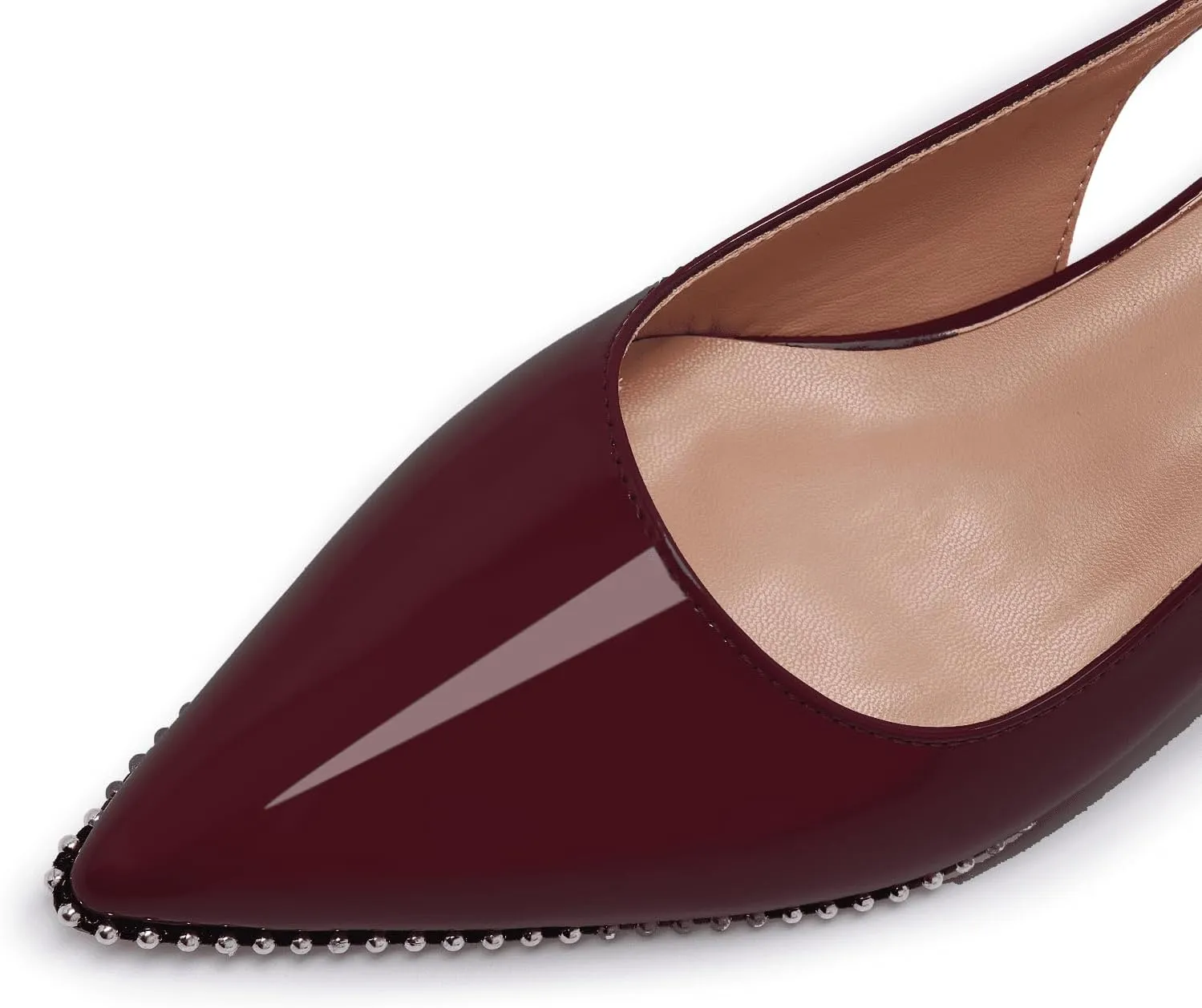 Women's Burgundy Slingback Kitten Heels – Pointed Toe Patent Leather Dress Shoes with Rhinestone Trim – Elegant Low Heel Pumps for Party, Wedding, or Office