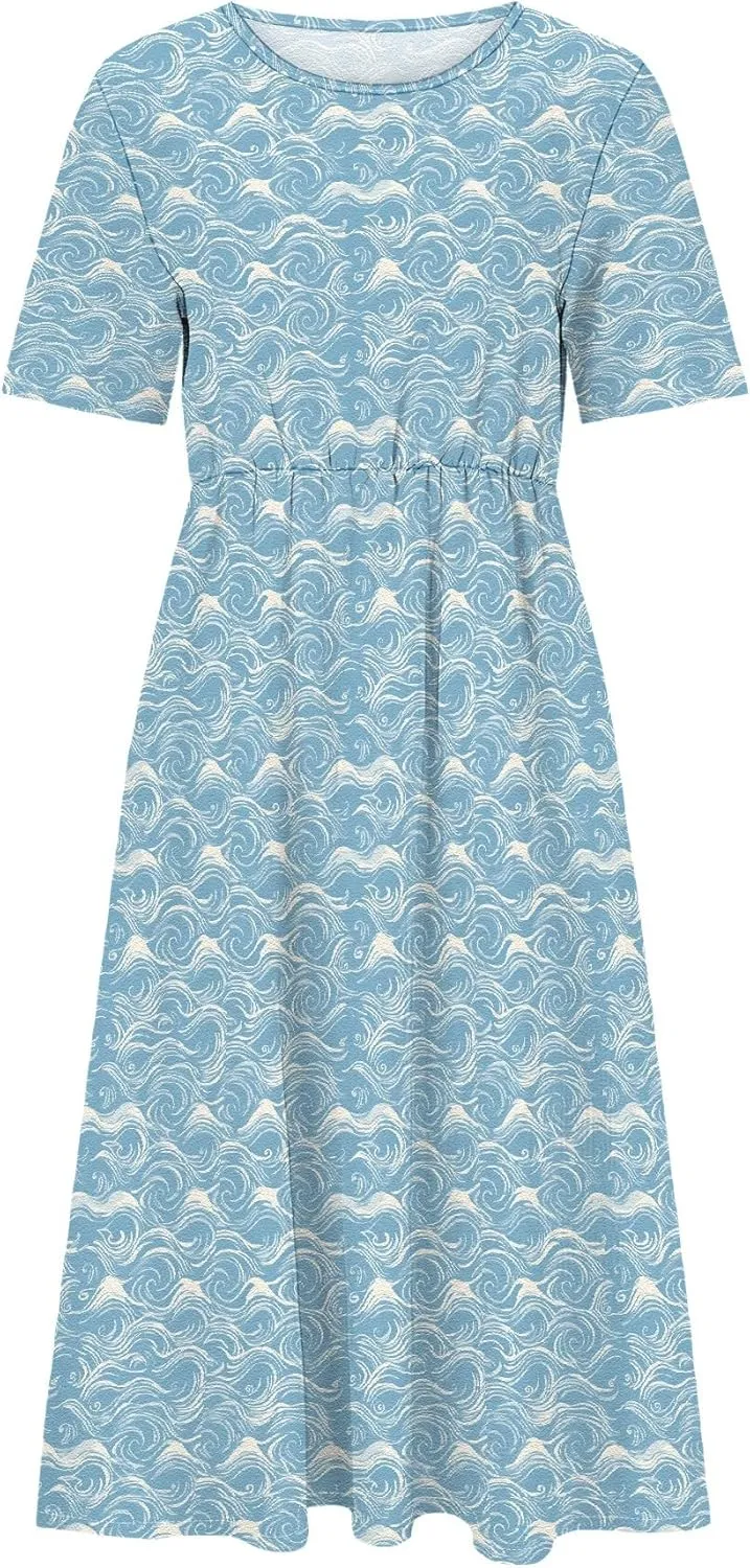 Womens Casual Linen Dresses for Summer Short Sleeve Flare Midi Dress Oversized Loose Flowy Beach Sundress