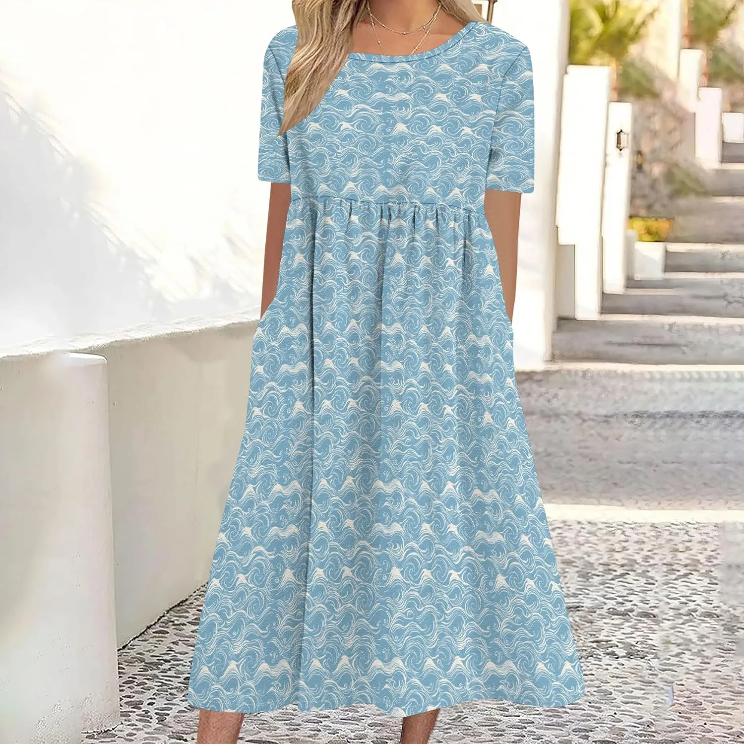 Womens Casual Linen Dresses for Summer Short Sleeve Flare Midi Dress Oversized Loose Flowy Beach Sundress
