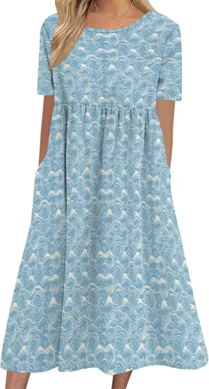 Womens Casual Linen Dresses for Summer Short Sleeve Flare Midi Dress Oversized Loose Flowy Beach Sundress
