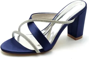 Women's Chunky Heels Closed Toe Dress Pumps Shoes Rhinestone Pointed Toe Slingback Wedding Bridal Shoes