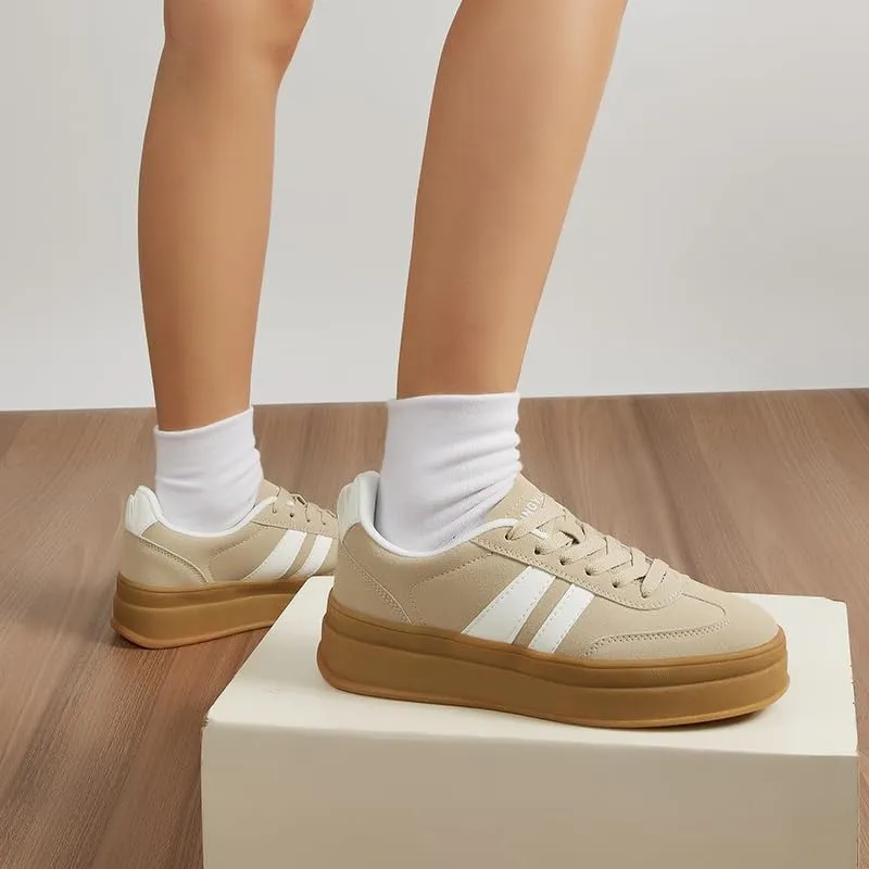 Women's Chunky Platform Sneakers - Retro Vintage Leather Casual Tennis Shoes- Thick Rubber Gum Sole Low Top Lace-Up Classic Walking Shoes
