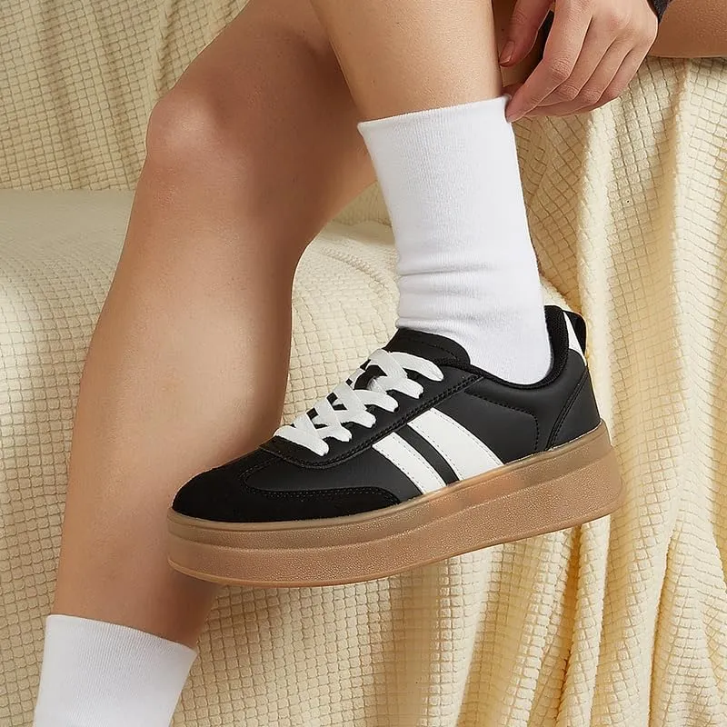 Women's Chunky Platform Sneakers - Retro Vintage Leather Casual Tennis Shoes- Thick Rubber Gum Sole Low Top Lace-Up Classic Walking Shoes