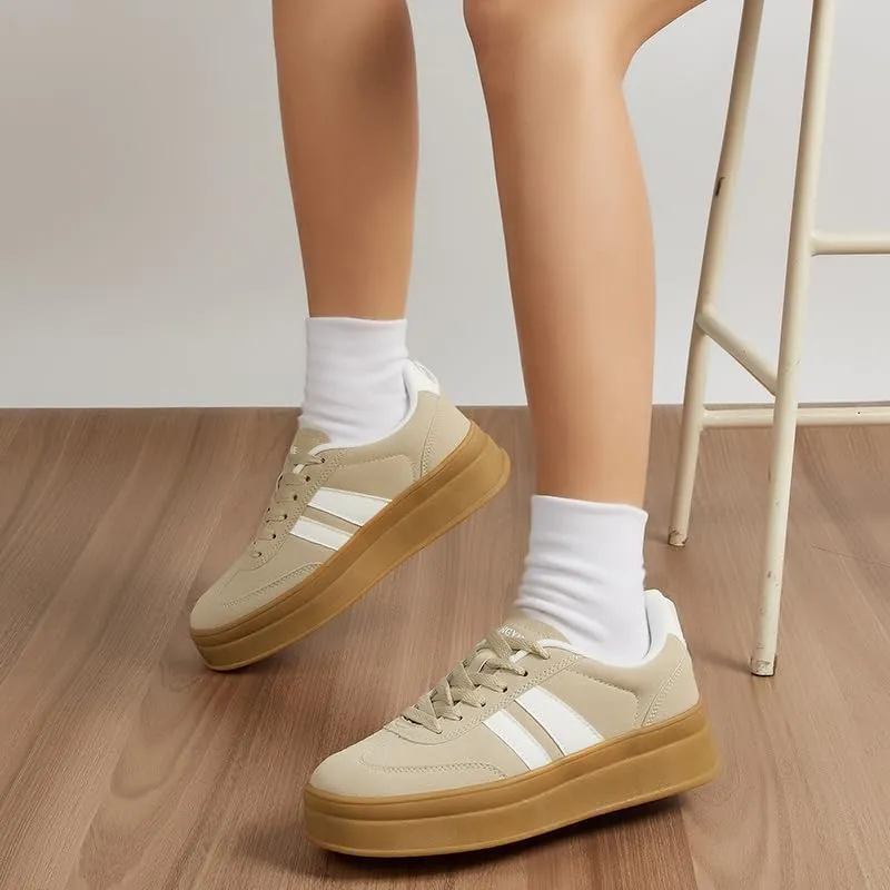 Women's Chunky Platform Sneakers - Retro Vintage Leather Casual Tennis Shoes- Thick Rubber Gum Sole Low Top Lace-Up Classic Walking Shoes