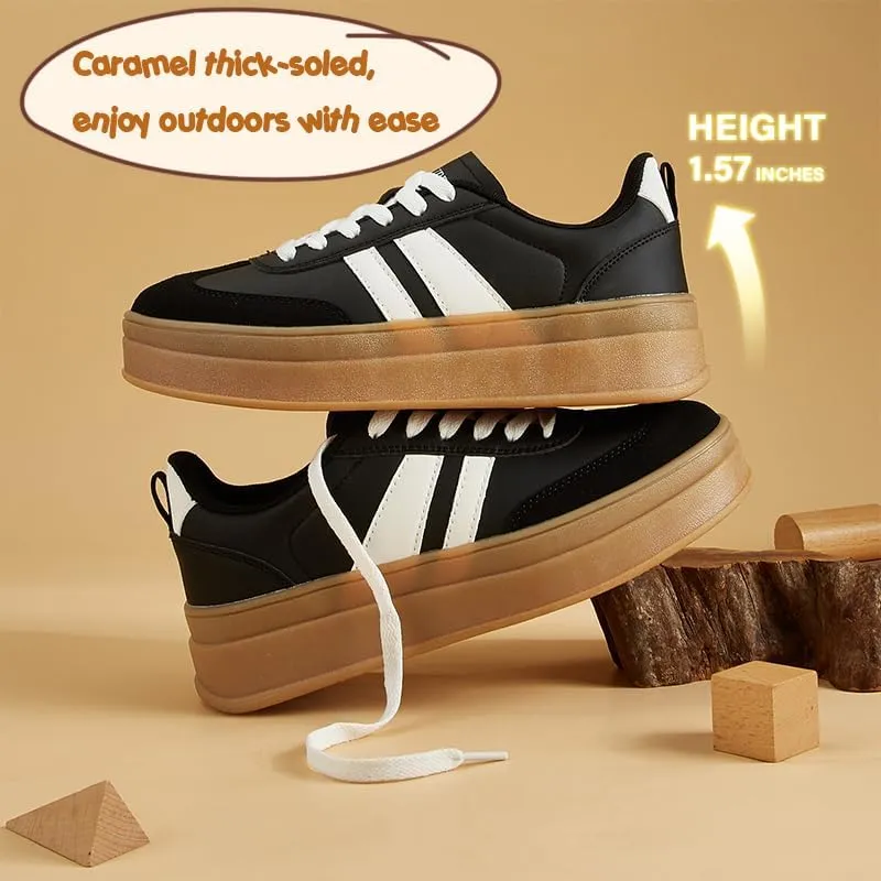 Women's Chunky Platform Sneakers - Retro Vintage Leather Casual Tennis Shoes- Thick Rubber Gum Sole Low Top Lace-Up Classic Walking Shoes