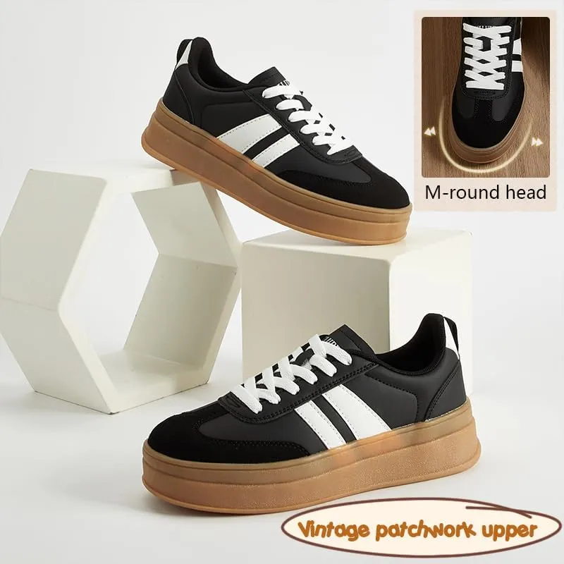 Women's Chunky Platform Sneakers - Retro Vintage Leather Casual Tennis Shoes- Thick Rubber Gum Sole Low Top Lace-Up Classic Walking Shoes