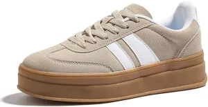 Women's Chunky Platform Sneakers - Retro Vintage Leather Casual Tennis Shoes- Thick Rubber Gum Sole Low Top Lace-Up Classic Walking Shoes