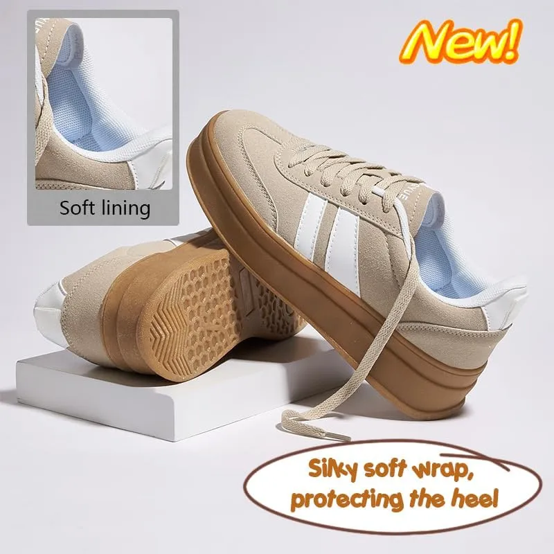 Women's Chunky Platform Sneakers - Retro Vintage Leather Casual Tennis Shoes- Thick Rubber Gum Sole Low Top Lace-Up Classic Walking Shoes