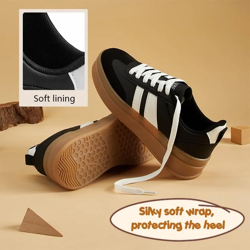 Women's Chunky Platform Sneakers - Retro Vintage Leather Casual Tennis Shoes- Thick Rubber Gum Sole Low Top Lace-Up Classic Walking Shoes
