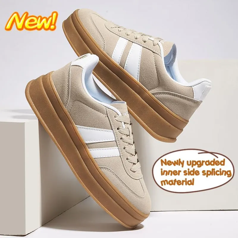 Women's Chunky Platform Sneakers - Retro Vintage Leather Casual Tennis Shoes- Thick Rubber Gum Sole Low Top Lace-Up Classic Walking Shoes