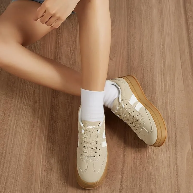 Women's Chunky Platform Sneakers - Retro Vintage Leather Casual Tennis Shoes- Thick Rubber Gum Sole Low Top Lace-Up Classic Walking Shoes
