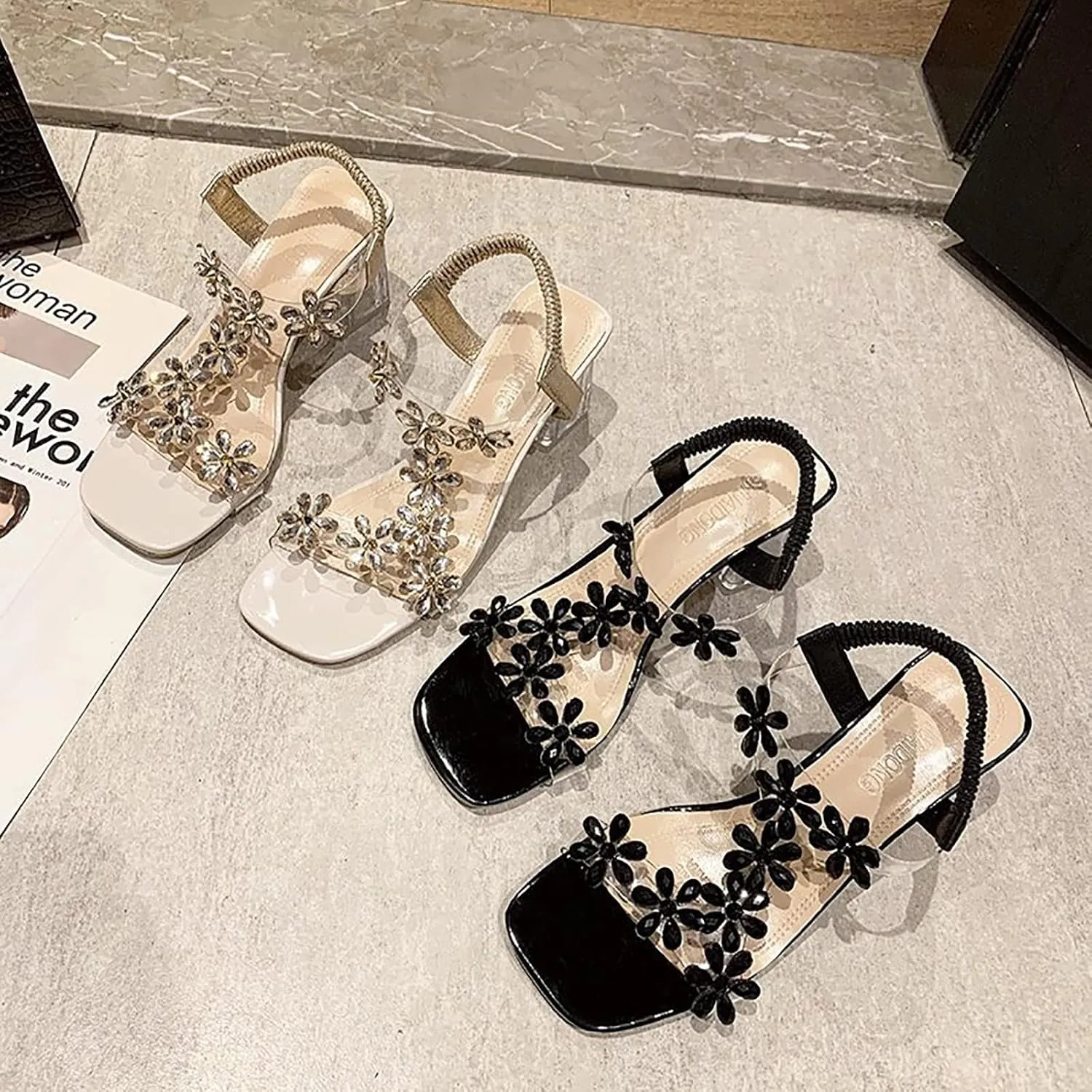 Women's Clear Floral Crystal Block Heel Sandals,Summer Fashion Elastic Ankle Strap Casual Open Toe High Heels Crystal Floral Elegant Pumps Dress Shoes