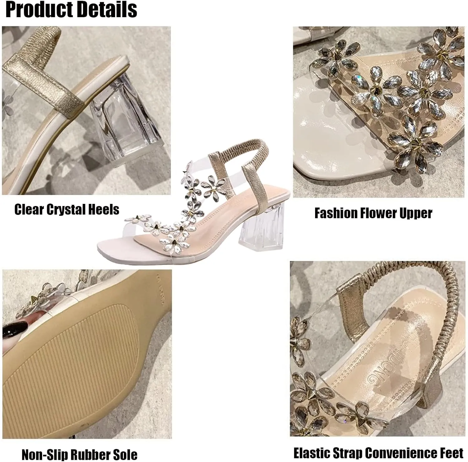 Women's Clear Floral Crystal Block Heel Sandals,Summer Fashion Elastic Ankle Strap Casual Open Toe High Heels Crystal Floral Elegant Pumps Dress Shoes