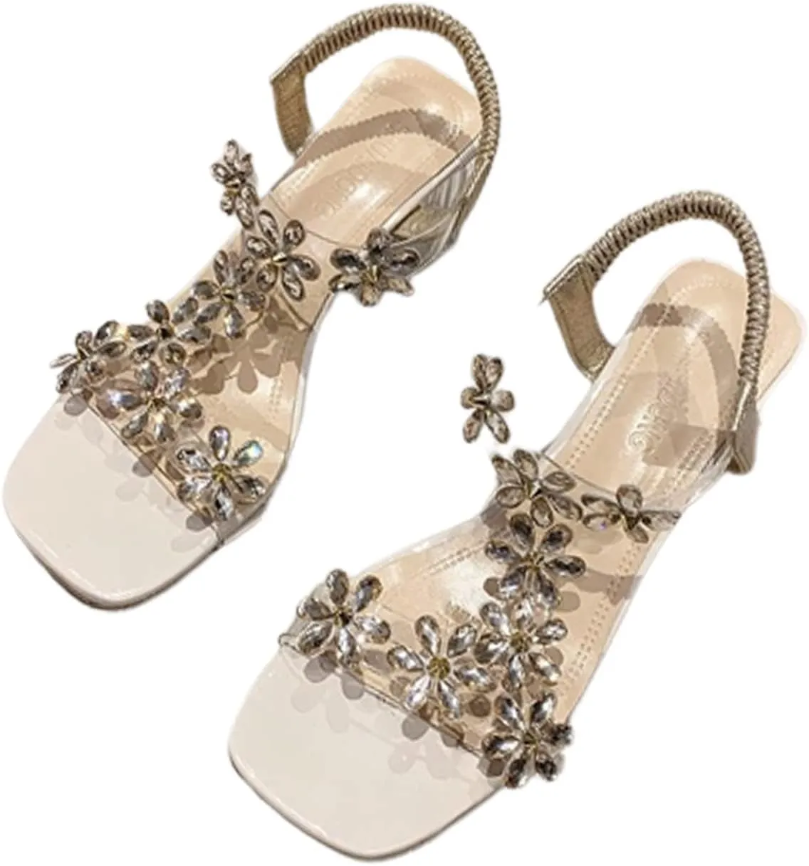 Women's Clear Floral Crystal Block Heel Sandals,Summer Fashion Elastic Ankle Strap Casual Open Toe High Heels Crystal Floral Elegant Pumps Dress Shoes