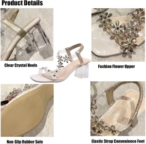 Women's Clear Floral Crystal Block Heel Sandals,Summer Fashion Elastic Ankle Strap Casual Open Toe High Heels Crystal Floral Elegant Pumps Dress Shoes