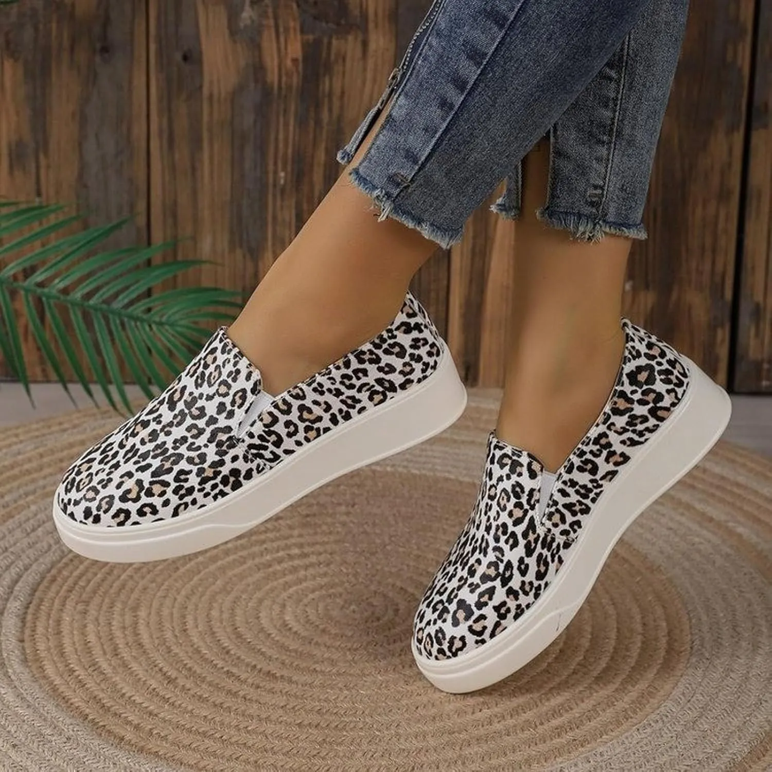 Womens Cow Print Shoes Denim Canvas Sneakers Leopard Walking Shoes Casual Comfortable Slip on Flat Loafers Lace-Up Outdoor Shoes