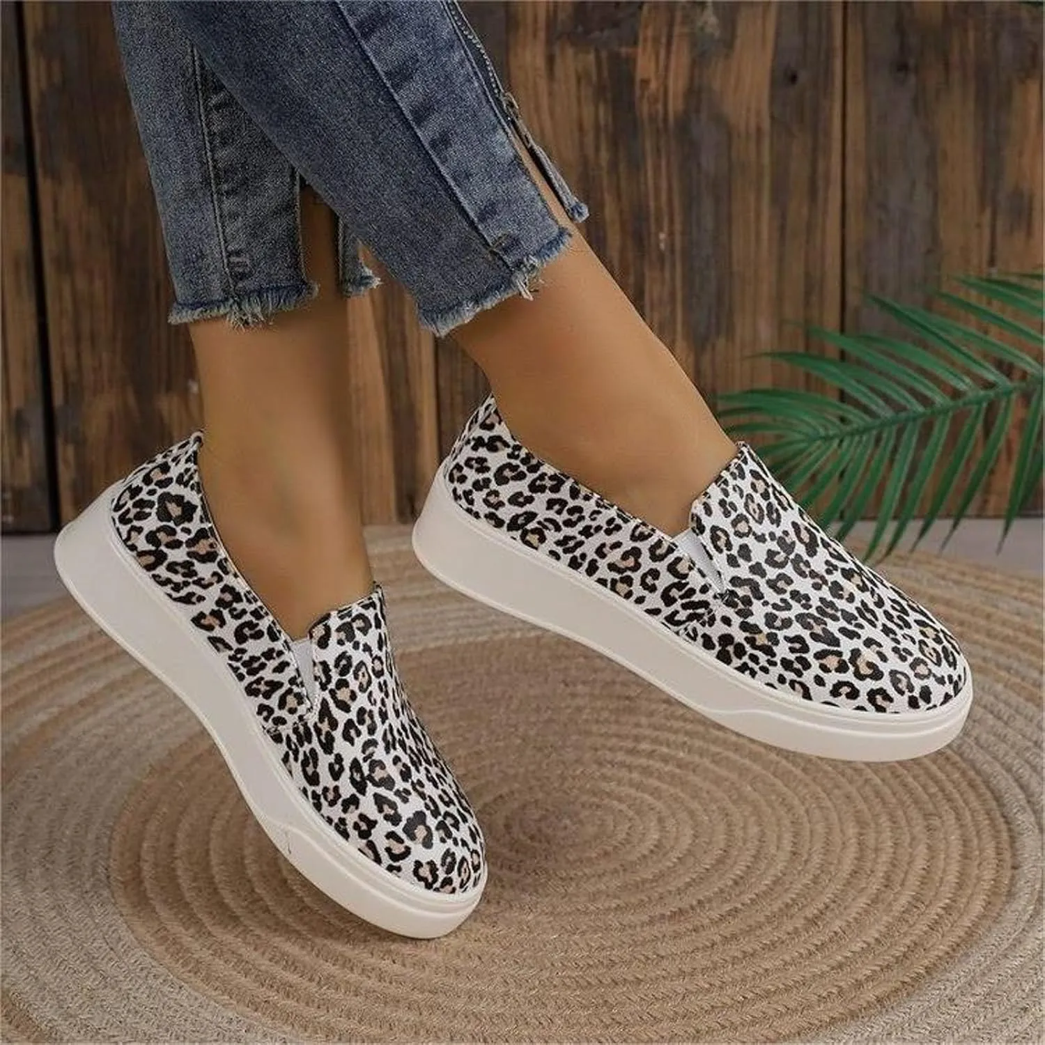 Womens Cow Print Shoes Denim Canvas Sneakers Leopard Walking Shoes Casual Comfortable Slip on Flat Loafers Lace-Up Outdoor Shoes