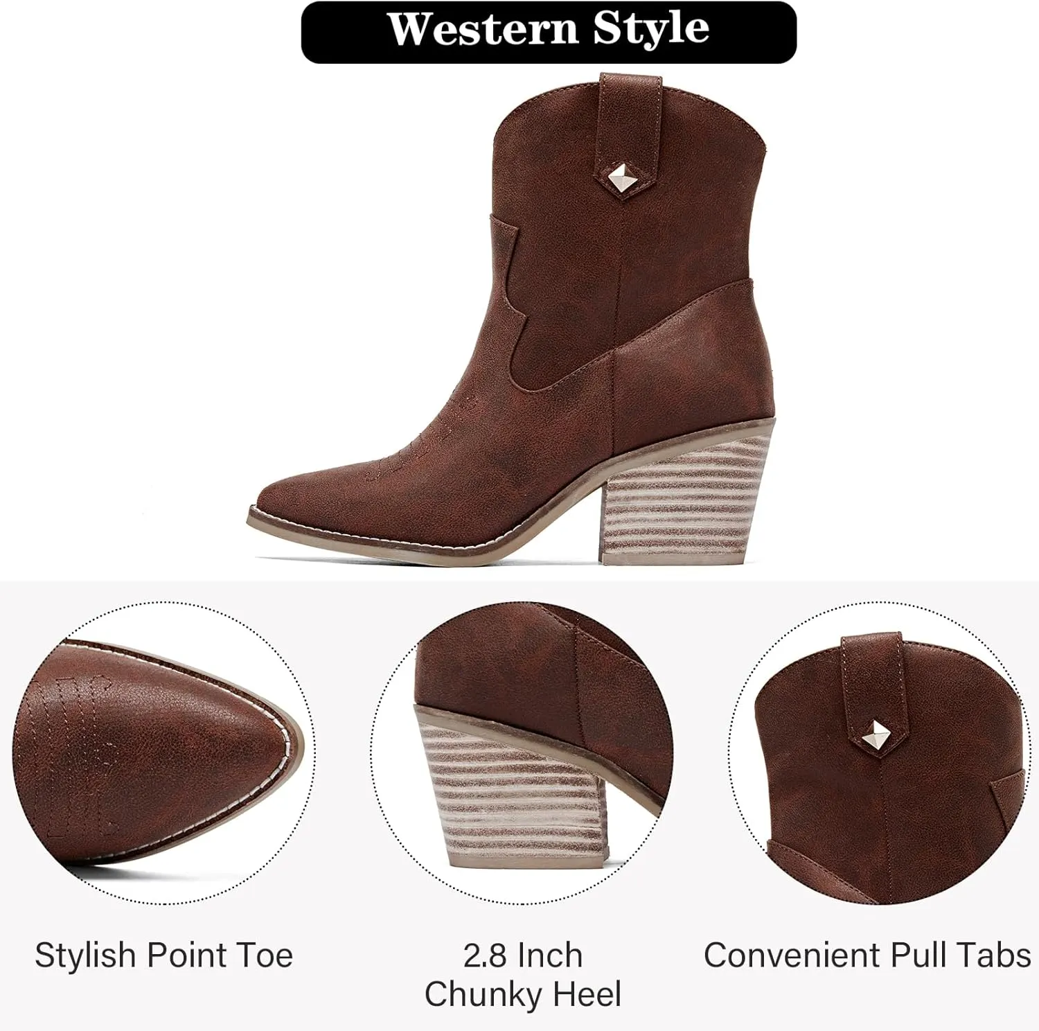 Women's Cowboy Ankle Boots Western Cowgirl Chunky Heeled Booties Classic Casual Comfortable Low Mid Heel Short Boots for Women.