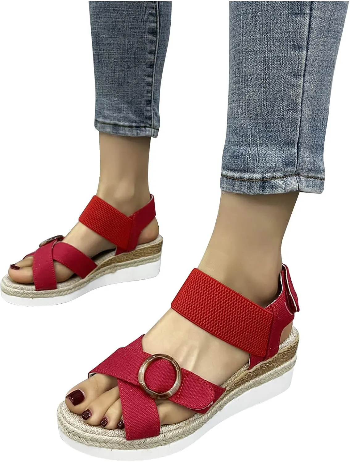 Women's Cross Thick Strappy Sandals Hook and Loop Solid Wedge Shoe Trendy Open Toe Sandal Elegant High Heel