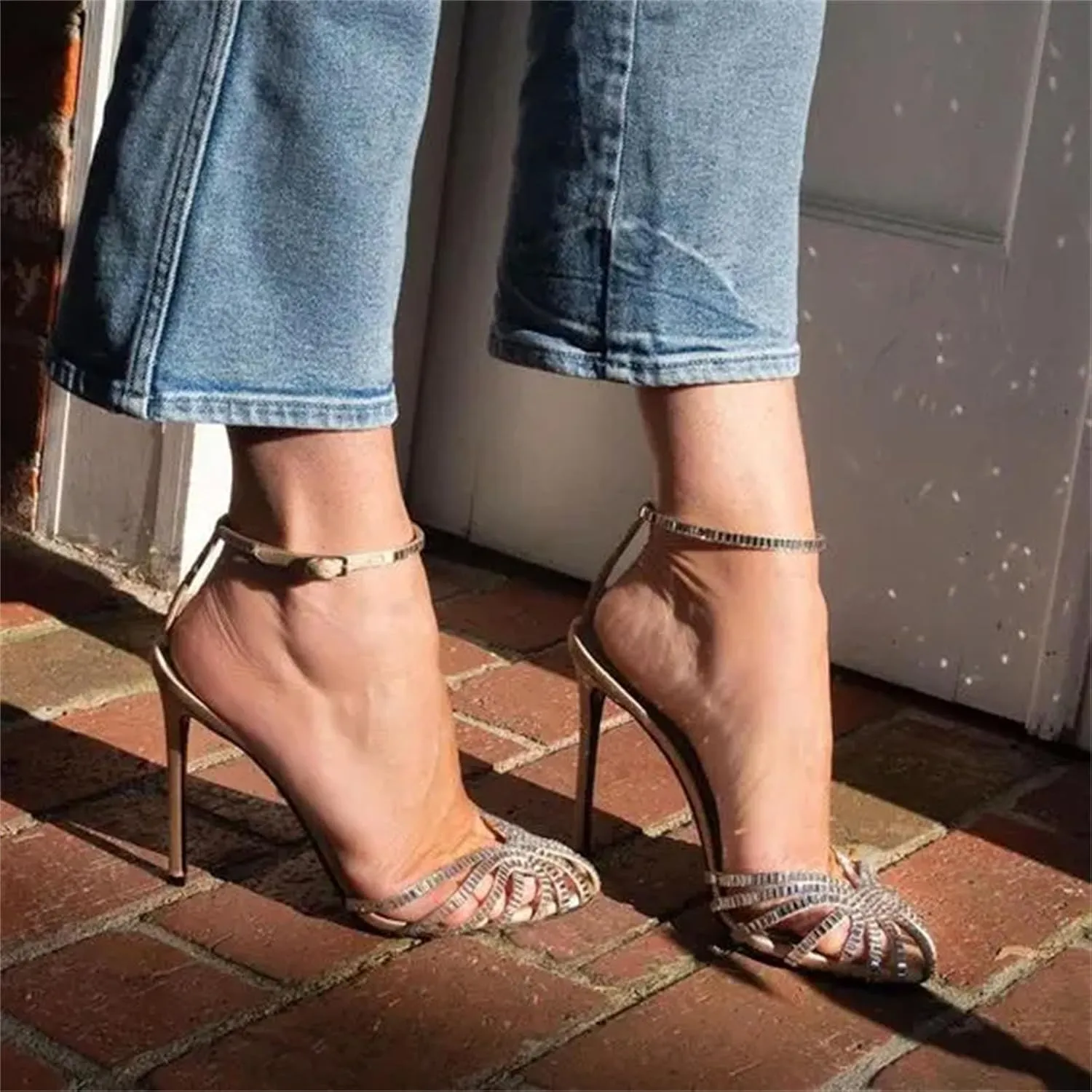 Women's Crystal Satin Sandals, Round Toe Ankle Strap Wedding