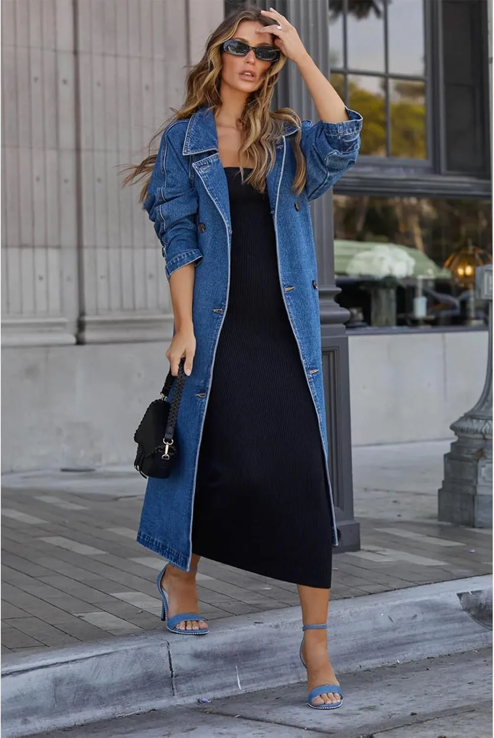 Women's Denim Trench Coat Double Breasted Over Knee Lapel Jean Jacket
