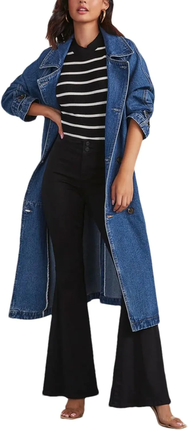 Women's Denim Trench Coat Double Breasted Over Knee Lapel Jean Jacket