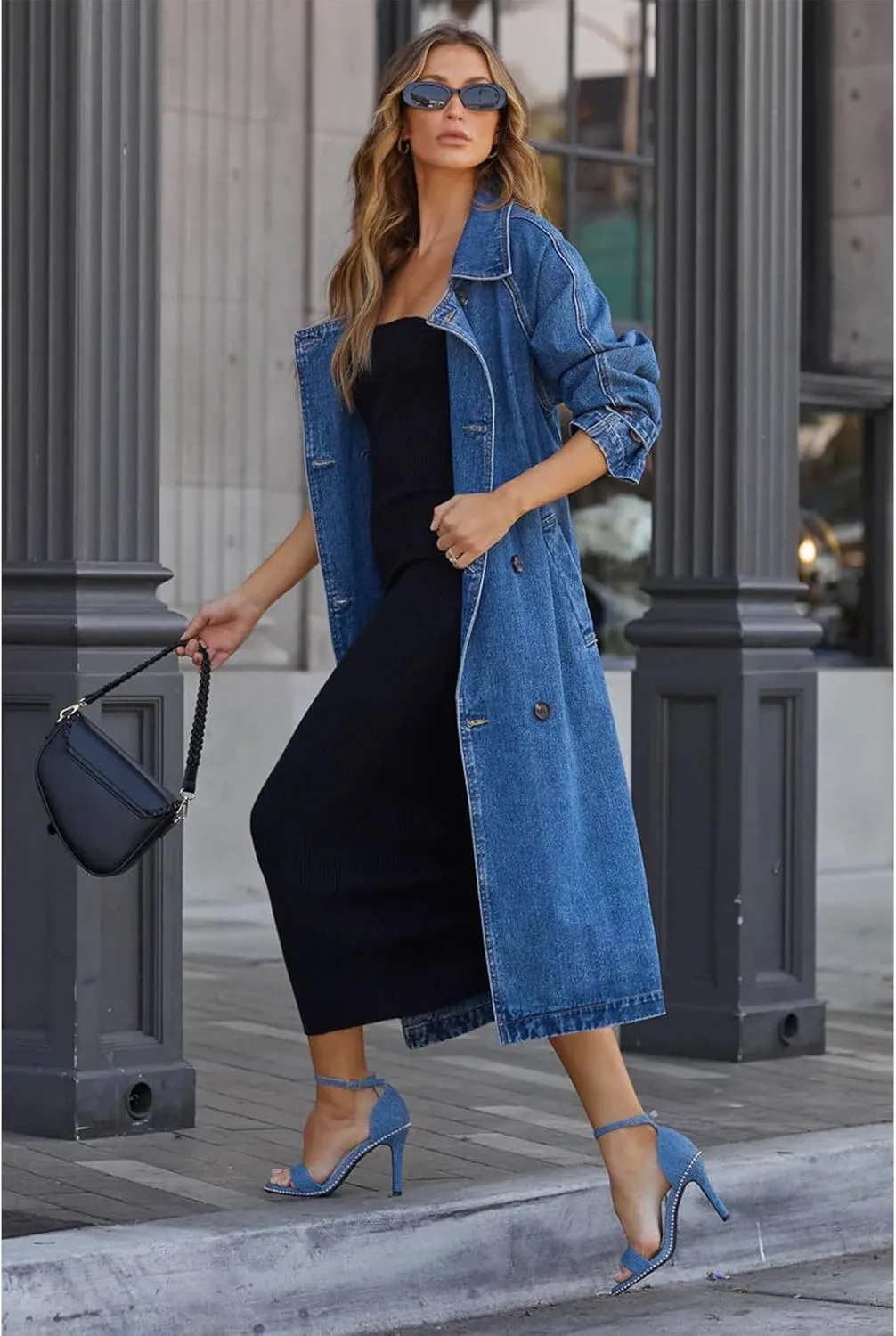 Women's Denim Trench Coat Double Breasted Over Knee Lapel Jean Jacket