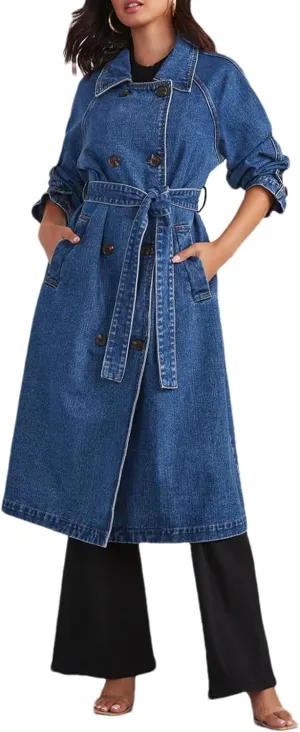 Women's Denim Trench Coat Double Breasted Over Knee Lapel Jean Jacket