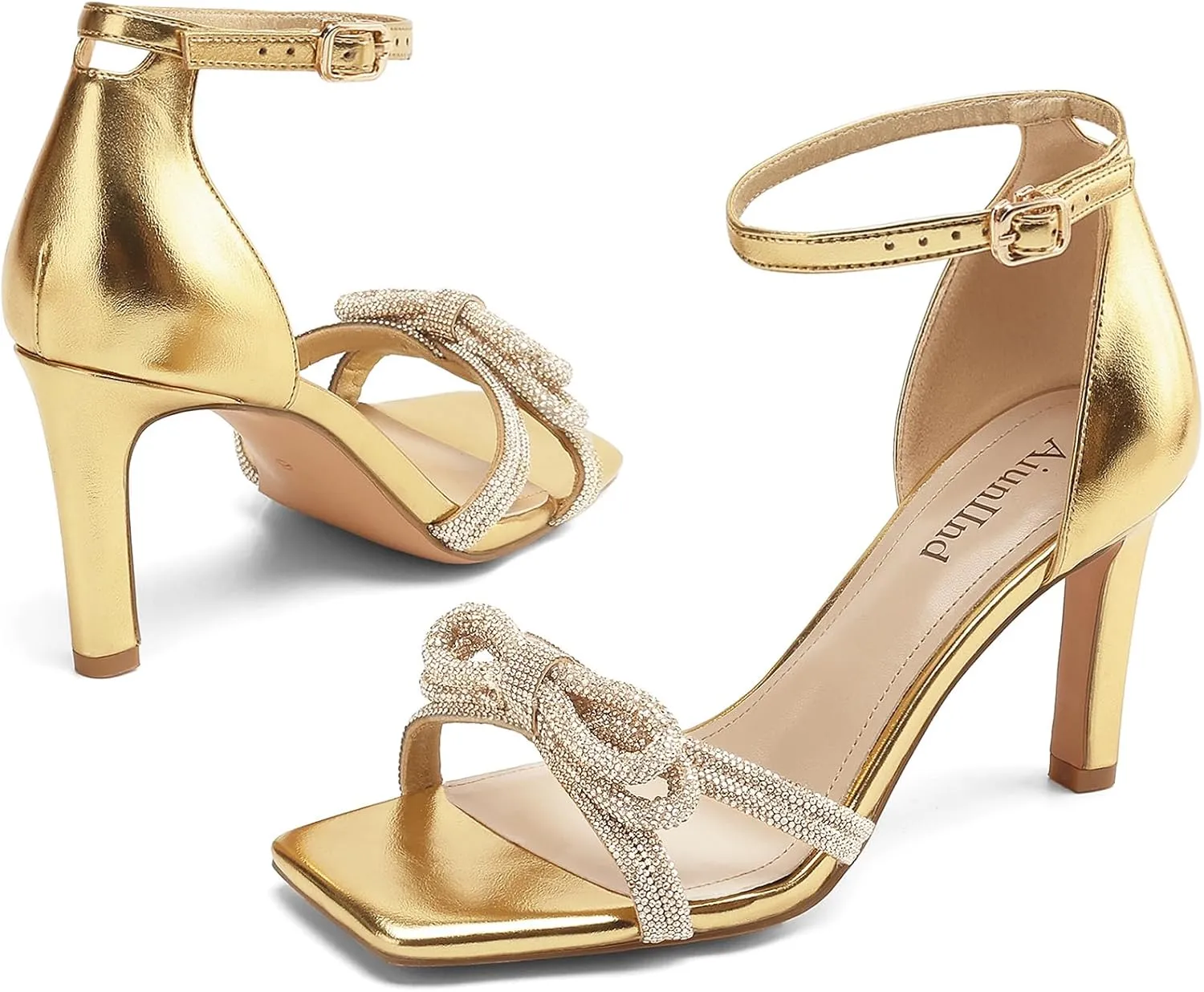 Women's Double Bowknots Heels Square Open Toe Ankle Strap Rhinestone Dress Shoes for Party Wedding